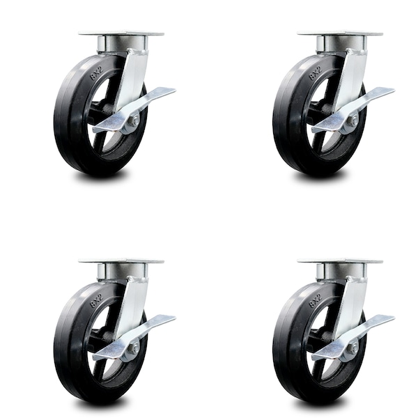 Service Caster 8 Inch Kingpinless Rubber on Steel Wheel Swivel Caster Set with Brakes SCC SCC-KP30S820-RSR-SLB-4 - main